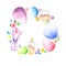 Watercolor Easter wreath with eggs, easter bunny, rabbit, hens