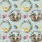 Watercolor easter wreath pattern with rabbit. Hand painted chicken with lavender, willow, tulip, color eggs, butterfly