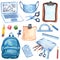 Watercolor education equipment of backpack, microscope, books, laptop, pencils, face mask, calculator, ruller. Hand