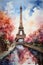Watercolor Eiffel Tower on the background of cherry blossom trees. Tourist Paris