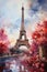 Watercolor Eiffel Tower on a background of pink roses and cherry blossoms. travel postcard