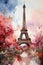 Watercolor Eiffel Tower on the background of trees with red foliage. Autumn Parisian landscape