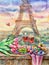 Watercolor Eiffel Tower in Paris France. Valentine day, happy holiday, love. Vertical view, copy-space. Template for designs, invi