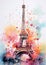 Watercolor Eiffel Tower in vertical orientation paint splatter. Colorful illustration for a postcard, t-shirt print