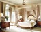 Watercolor of Elegant bedroom featuring a grand canopy bed with