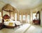 Watercolor of Elegant bedroom featuring a grand canopy bed with