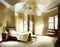 Watercolor of Elegant bedroom featuring a grand canopy bed with