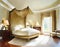 Watercolor of Elegant bedroom featuring a grand canopy bed with