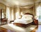 Watercolor of Elegant bedroom featuring a grand canopy bed with