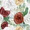 Watercolor elegant boho floral seamless pattern with flower bouquet. Burgundy Rose, fir branch, wild floral