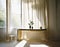 Watercolor of A elegant dressing table adorned with a curtain in a sunlit bedroom with leaf