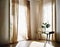 Watercolor of A elegant dressing table adorned with a curtain in a sunlit bedroom with leaf