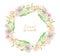 Watercolor elegant floral wreath. Hand drawn round frame with blush and peach color flowers, leaves isolated on white