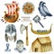 Watercolor elements of viking culture