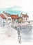 Watercolor embankment of a small seaside town