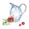 Watercolor enamel jug of fresh milk and cranberries