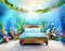 Watercolor of An enchanted underwater bedroom with a seashell iridescent and ocean