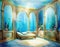 Watercolor of An enchanted underwater bedroom with a seashell iridescent and ocean