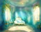 Watercolor of An enchanted underwater bedroom with a seashell iridescent and ocean