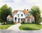 Watercolor of english garden home house design