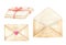 Watercolor envelope drawing set. Hand painted craft paper letters illustration. Vintage postal clipart isolated on white