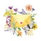 Watercolor envelope with wild flowers and wild greenery plants. Lavander, crocus, buttercup, tansy, violets and carnation