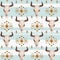 Watercolor ethnic boho seamless pattern of bull cow skull, horns & tribe ornament on blue background