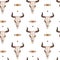 Watercolor ethnic boho seamless pattern of bull cow skull, horns & tribe ornament on bright background