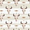 Watercolor ethnic boho seamless pattern of bull cow skull, horns & tribe ornament on bright background