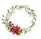 Watercolor eucalyptus wreath with bells, holly, mistletoe and poinsettia. Eucalyptus branch and christmas decor for