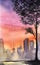 Watercolor evening city landscape. Dark silhouette of single tall leafy tree against background of blurred outlines of modern