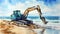 Watercolor Excavator On The Beach: Realistic Seascapes In Vibrant Turquoise