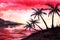 Watercolor exotic landscape of sunset at bay. Beautiful scarlet sky, white fluffy clouds and black silhouettes of palms on coasts