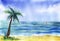 Watercolor exotic sea landscape. Sandy coast and single palm against blue cloudy sky and rippled blue water with pink sailboat on