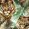 Watercolor exotic seamless pattern. Tigers with colorful tropical leaves. African animals background. Wildlife art