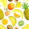 Watercolor exotic tropical fruits seamless pattern. Hand drawn banana, pineapple, kiwi slice, peach, orange isolated on white