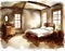 Watercolor of Experience the charm of a cozy and rustic bedroom interior with vintage warm and creating a serene
