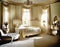 Watercolor of An exquisitely adorned vintage bedroom exuding with opulent soft ambient