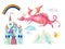 Watercolor fairy tale collection with cute dragon, rainbow, magic castle, little princess crown, mountains and fairy clouds