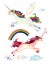 Watercolor fairy tale collection with flying unicorn, rainbow, magic clouds and fairy wings