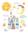 Watercolor fairy tale collection with magic castle, sun, moon, cute little star and fairy clouds