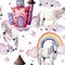 Watercolor fairy tale pattern with unicorns. Hand painted magic horses, castle, rainbow, clouds, stars isolated on white