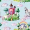 Watercolor fairy tale pattern witn unicorn, cloud and castle. Hand painted green trees and bushes, castle, rainbow