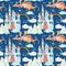 Watercolor fairy tale seamless pattern with cute dragon, magic castle, mountains and fairy clouds