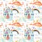 Watercolor fairy tale seamless pattern with cute dragon, magic castle, mountains and fairy clouds