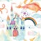 Watercolor fairy tale seamless pattern with cute dragon, magic castle, mountains and fairy clouds