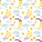 Watercolor fairy tale seamless pattern with magic sun, moon, cute little star and fairy clouds