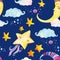 Watercolor fairy tale seamless pattern with magic sun, moon, cute little star and fairy clouds