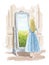 Watercolor fairytale girl Alice in blue dress goes through a magic mirror from a room to a magical world