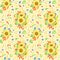 Watercolor fall floral seamless pattern. Hand drawn sunflower bouquets with cornflowers, wheat spikelets, red berries